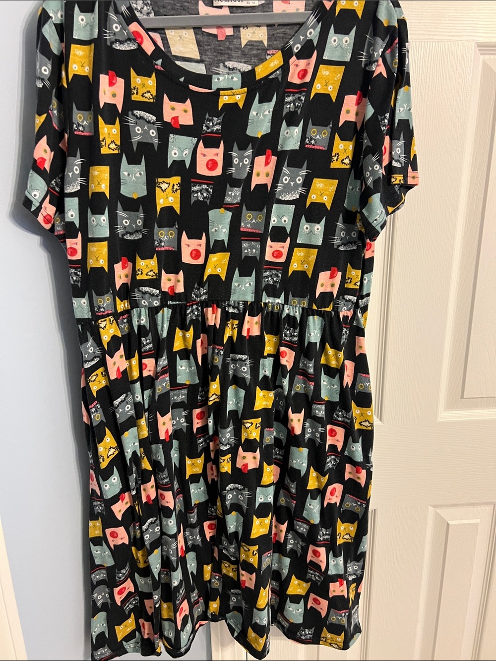 Black Cat Print Dress - Pink, Yellow & Teal
